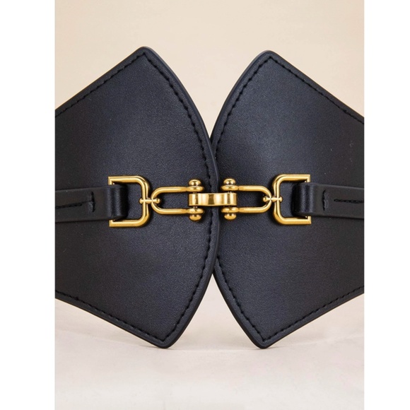 Vegan Faux Leather PU Wide Corset Style Black Belt Elastic Stretchy Back - Picture 4 of 4